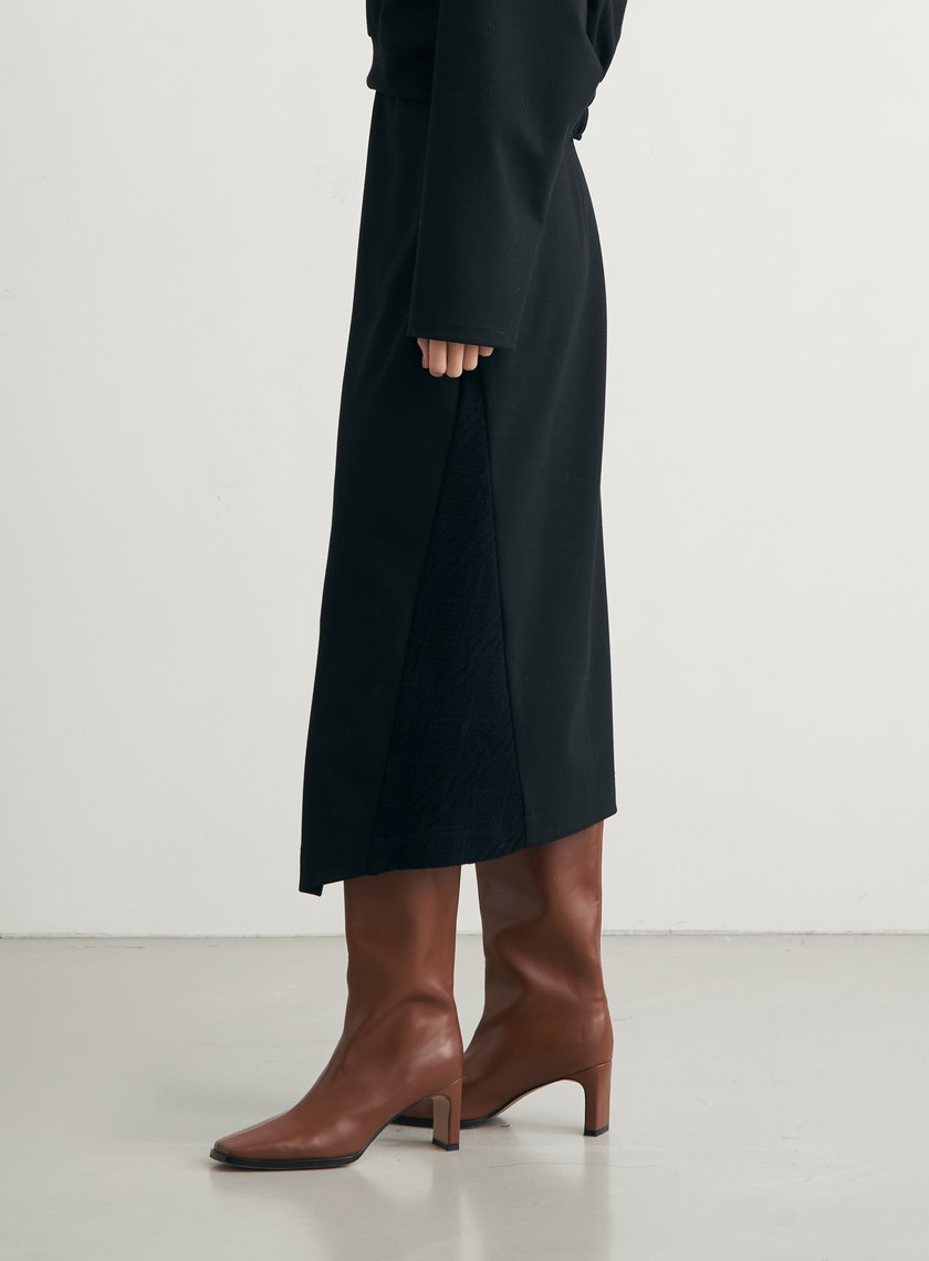 異材質拼接開衩直筒裙